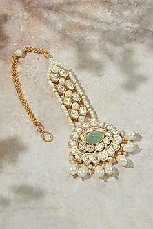 Gold Finish Kundan Polki & Carved Green Stone Maangtikka