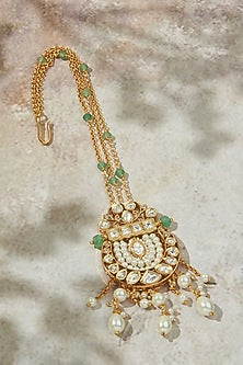 Gold Finish Kundan Polki & Green Agate Stone Maangtikka