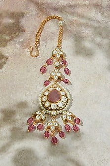Gold Finish Kundan Polki & Carved Pink Stone Maangtikka