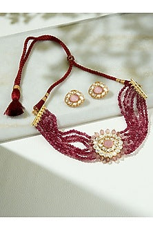 Gold Finish Red & Pink Agate Beaded Choker Necklace Set