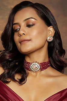 Gold Finish Red & Pink Agate Beaded Choker Necklace Set
