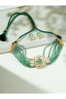 Gold Finish Kundan Polki & Green Agate Beaded Choker Necklace Set