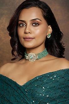 Gold Finish Kundan Polki & Green Agate Beaded Choker Necklace Set