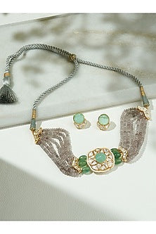 Gold Finish Kundan Polki & Grey Agate Beaded Choker Necklace Set
