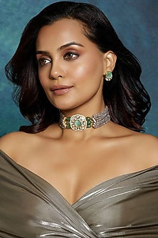 Gold Finish Kundan Polki & Grey Agate Beaded Choker Necklace Set