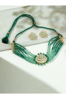 Gold Finish Kundan Polki & Green Agate Beaded Choker Necklace Set