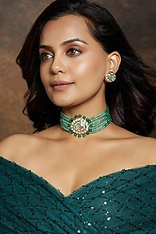 Gold Finish Kundan Polki & Green Agate Beaded Choker Necklace Set