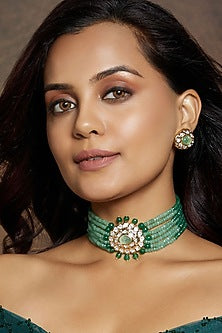 Gold Finish Kundan Polki & Green Agate Beaded Choker Necklace Set