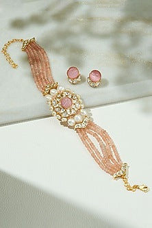 Gold Finish Kundan Polki & Peach Agate Beaded Choker Necklace Set