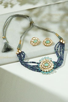 Gold Finish Blue & Green Agate Beaded Choker Necklace Set
