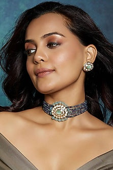 Gold Finish Blue & Green Agate Beaded Choker Necklace Set