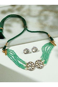 Gold Finish Kundan Polki & Green Agate Beaded Choker Necklace Set
