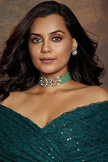 Gold Finish Kundan Polki & Green Agate Beaded Choker Necklace Set