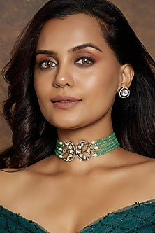 Gold Finish Kundan Polki & Green Agate Beaded Choker Necklace Set