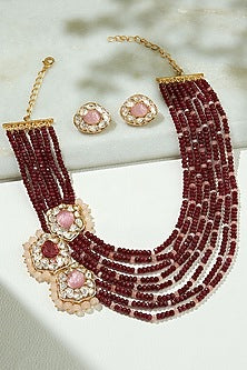 Gold Finish Kundan Polki & Red Agate Beaded Necklace Set