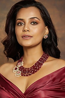 Gold Finish Kundan Polki & Red Agate Beaded Necklace Set