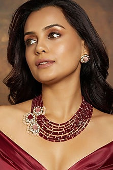 Gold Finish Kundan Polki & Red Agate Beaded Necklace Set
