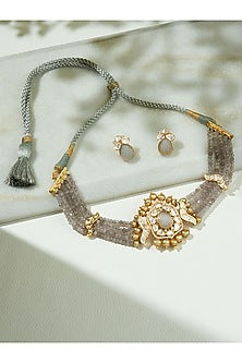 Gold Finish Kundan Polki & Grey Agate Beaded Choker Necklace Set