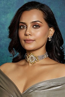 Gold Finish Kundan Polki & Grey Agate Beaded Choker Necklace Set