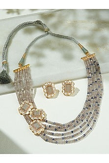 Gold Finish Kundan Polki & Grey Agate Beaded Necklace Set