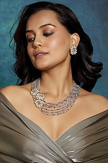 Gold Finish Kundan Polki & Grey Agate Beaded Necklace Set