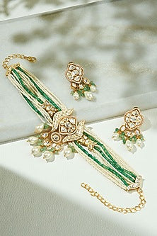 Gold Finish Kundan Polki & Agate Beaded Choker Necklace Set