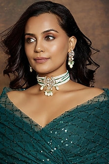 Gold Finish Kundan Polki & Agate Beaded Choker Necklace Set