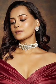 Gold Finish Kundan Polki & Beaded Enamelled Choker Necklace Set