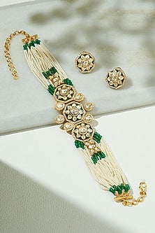 Gold Finish Kundan Polki & Green Beaded Enamelled Choker Necklace Set