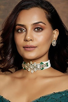 Gold Finish Kundan Polki & Green Beaded Enamelled Choker Necklace Set
