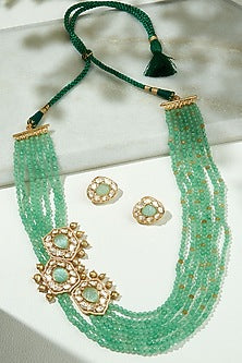 Gold Finish Kundan Polki & Green Agate Beaded Layered Necklace Set