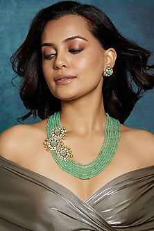 Gold Finish Kundan Polki & Green Agate Beaded Layered Necklace Set