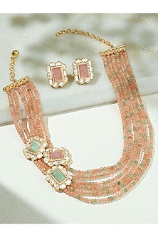 Gold Finish Peach & Green Agate Beaded Layered Necklace Set