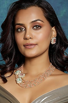 Gold Finish Peach & Green Agate Beaded Layered Necklace Set