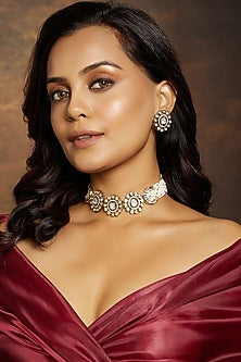 Gold Finish Kundan Polki & Beaded Choker Necklace Set