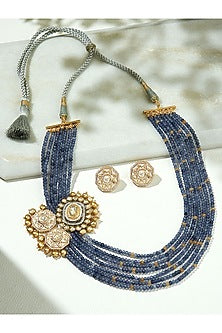 Gold Finish Kundan Polki & Blue Agate Beaded Layered Necklace Set