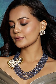 Gold Finish Kundan Polki & Blue Agate Beaded Layered Necklace Set