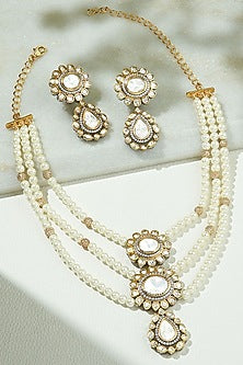 Gold Finish Kundan Polki & Pearl Long Necklace Set