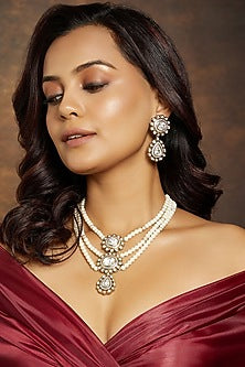 Gold Finish Kundan Polki & Pearl Long Necklace Set