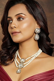 Gold Finish Kundan Polki & Pearl Long Necklace Set
