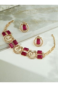 Gold Finish Kundan Polki & Hydro Ruby Choker Necklace Set