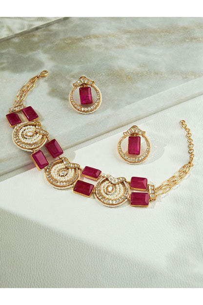 Gold Finish Kundan Polki & Hydro Ruby Choker Necklace Set