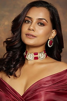 Gold Finish Kundan Polki & Hydro Ruby Choker Necklace Set
