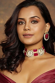 Gold Finish Kundan Polki & Hydro Ruby Choker Necklace Set
