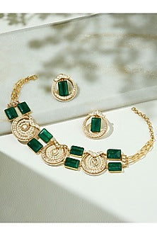 Gold Finish Kundan Polki & Hydro Emerald Choker Necklace Set