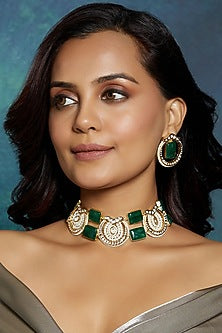 Gold Finish Kundan Polki & Hydro Emerald Choker Necklace Set