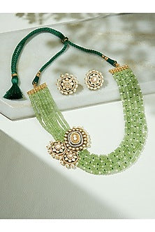 Gold Finish Kundan Polki & Green Agate Beaded Layered Necklace Set
