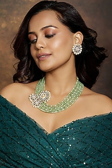 Gold Finish Kundan Polki & Green Agate Beaded Layered Necklace Set