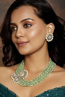 Gold Finish Kundan Polki & Green Agate Beaded Layered Necklace Set
