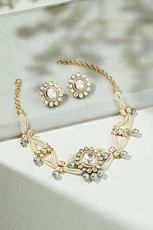 Gold Finish Kundan Polki & Grey Pearl Beaded Choker Necklace Set